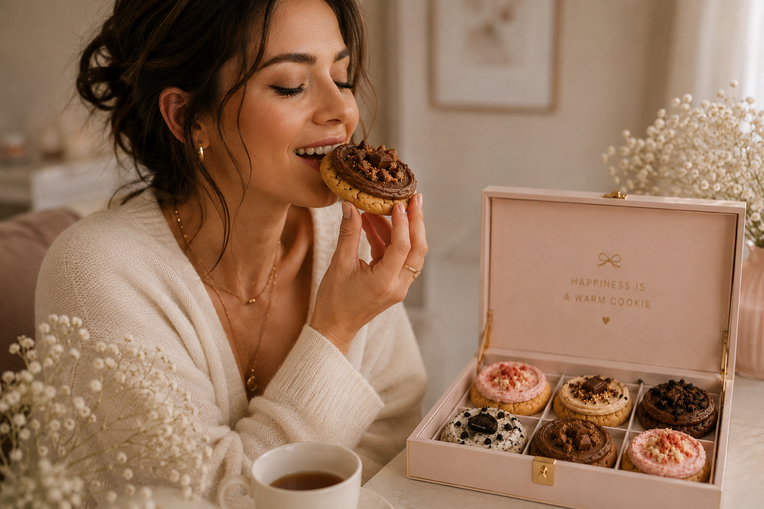 Crumble Cookies signature gift box with rose-gold ribbon